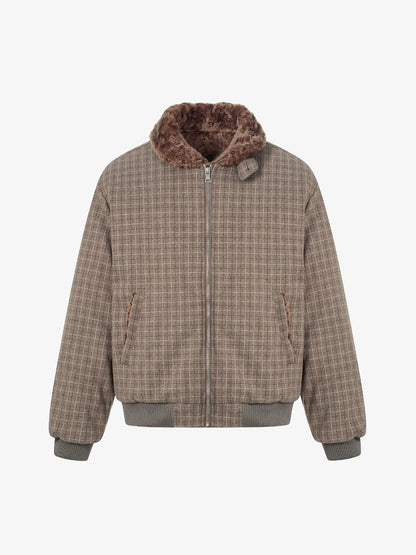 Plaid Bomber Jacket with Faux Fur Collar - Perfect for Casual Winter Wear 