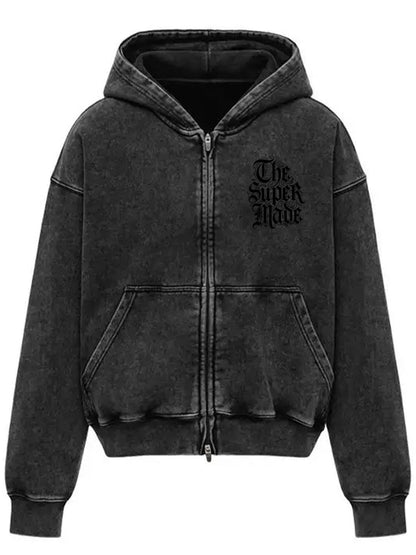 Thesupermade Washed Gray Distressed Double Zipper Cardigan Hooded Sweatshirt Sketch Skull Clock 
