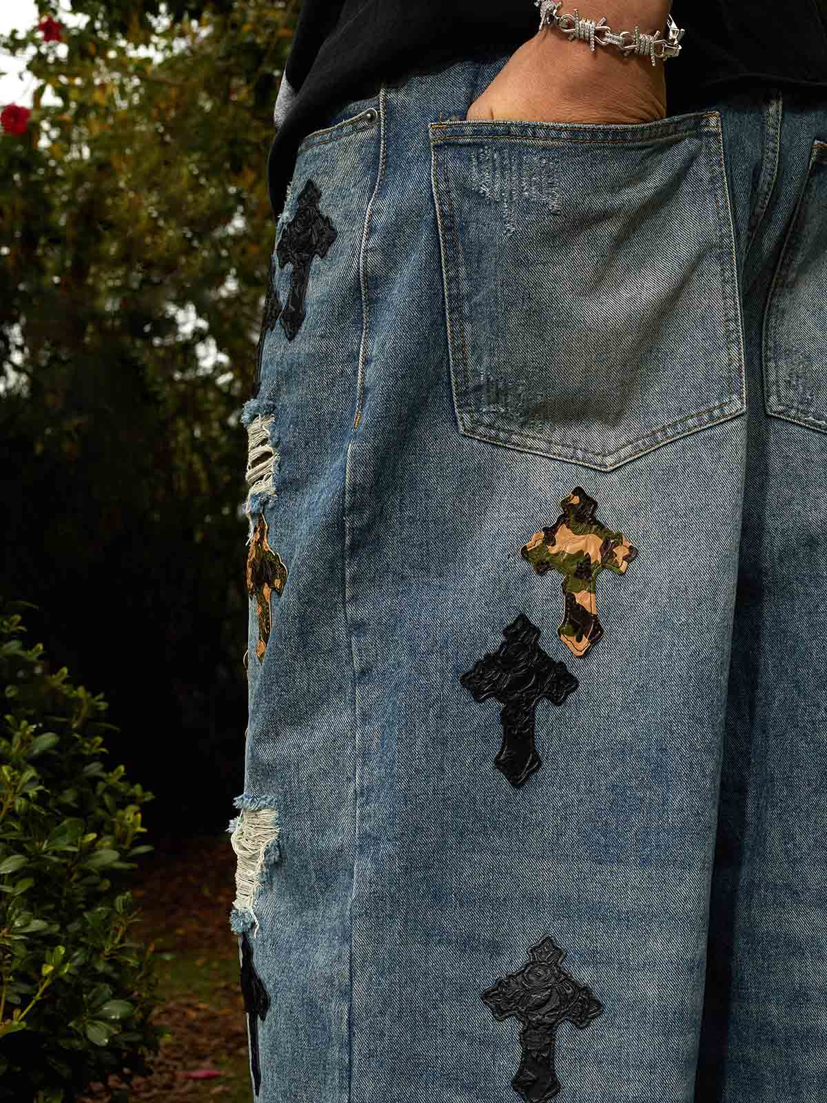 Denim Wide Leg Cropped Pants with White Stripe Design High Waist Fashion Trousers for Women 