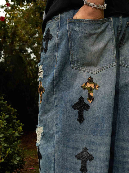 Denim Wide Leg Cropped Pants with White Stripe Design High Waist Fashion Trousers for Women 