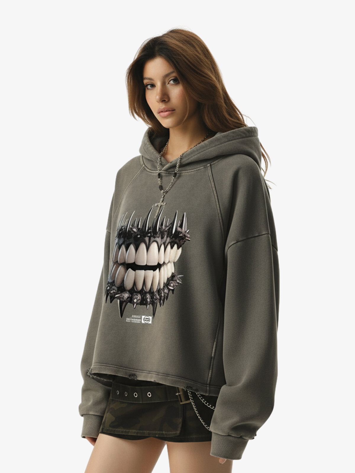 Thesupermade American Retro Dark Teeth Print Distressed Cropped Hoodie 