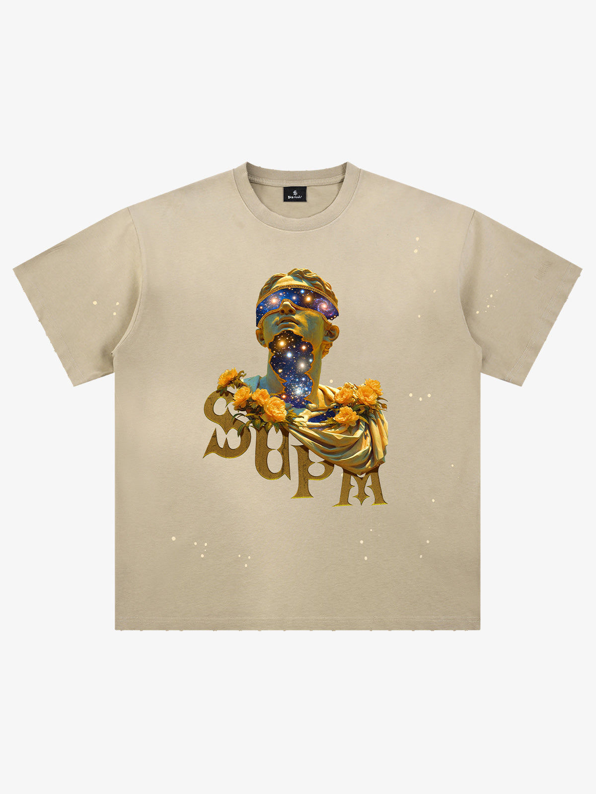 THE SUPERMADE-Wash and splash ink Galaxy Art Print T-Shirt with Cosmic Statue Design for Men and Women?