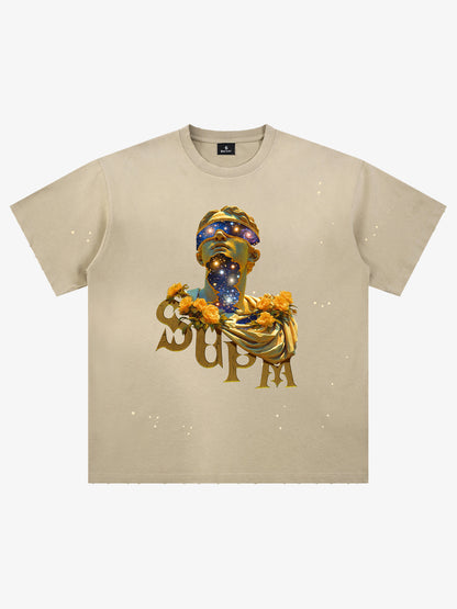 THE SUPERMADE-Wash and splash ink Galaxy Art Print T-Shirt with Cosmic Statue Design for Men and Women?