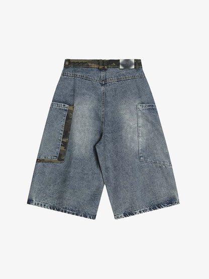 Denim Cargo Shorts with Camouflage Patch Details for Men 