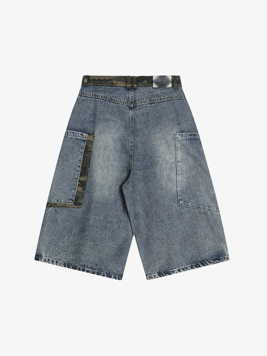 Denim Cargo Shorts with Camouflage Patch Details for Men 