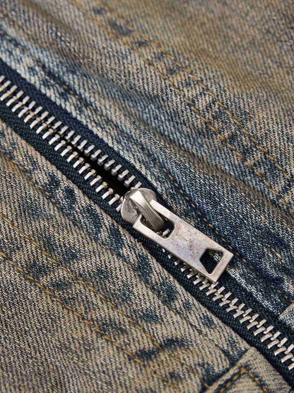 Vintage Washed Distressed Denim Zip Up Jacket