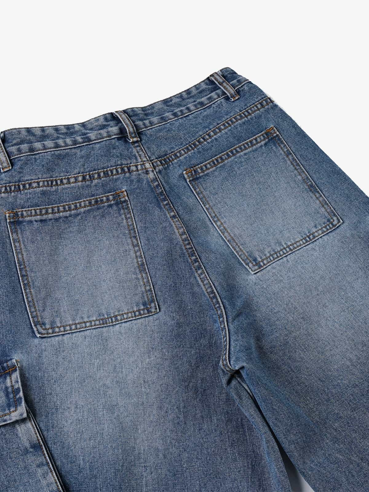 Retro Washed Cargo Multi-Pocket Straight Jeans