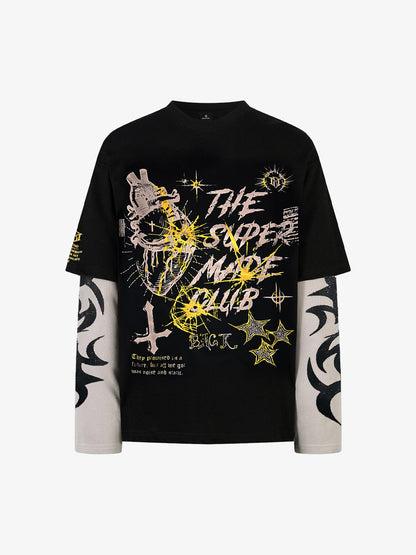 Hip-Hop Punk Faux Two-Piece Long-Sleeved T-Shirt - 2457