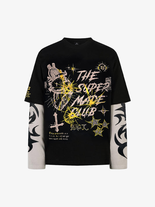 Hip-Hop Punk Faux Two-Piece Long-Sleeved T-Shirt - 2457