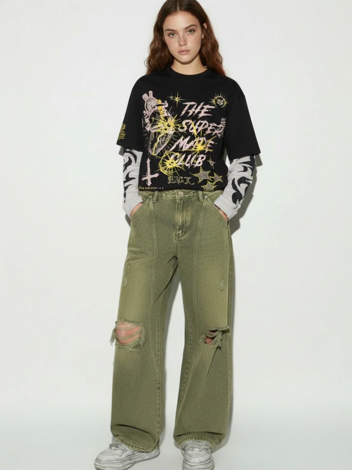 Hip-Hop Punk Faux Two-Piece Long-Sleeved T-Shirt - 2457