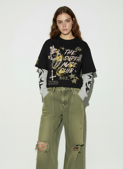 Hip-Hop Punk Faux Two-Piece Long-Sleeved T-Shirt - 2457