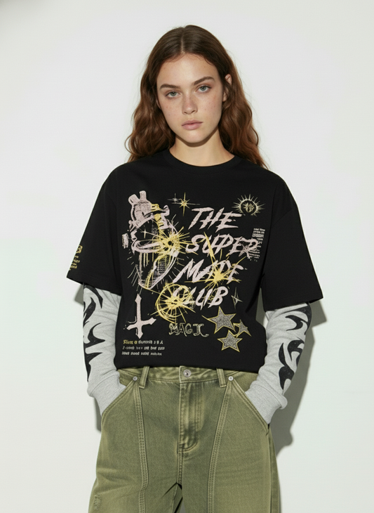 Hip-Hop Punk Faux Two-Piece Long-Sleeved T-Shirt - 2457