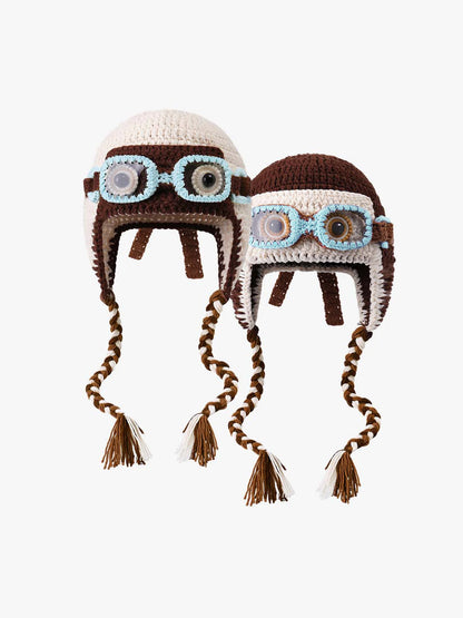 Colorblock Crochet Goggles Trapper Hat