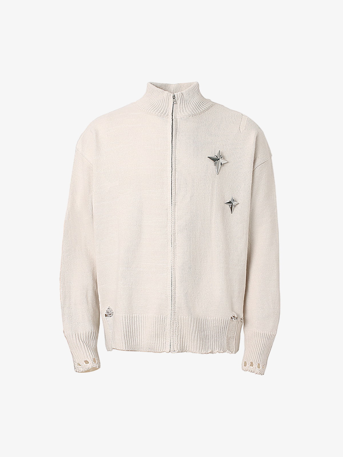 Stylish Star-Embellished Zip-Up Knit Sweater for Casual Elegance 