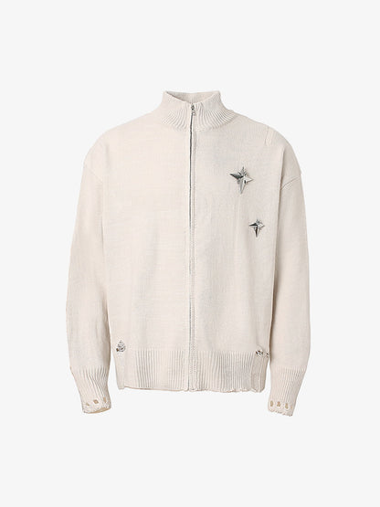 Stylish Star-Embellished Zip-Up Knit Sweater for Casual Elegance 