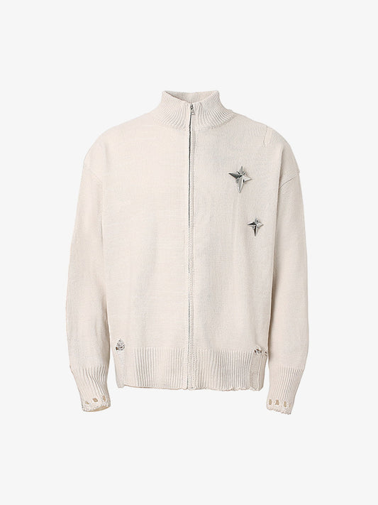 Stylish Star-Embellished Zip-Up Knit Sweater for Casual Elegance 