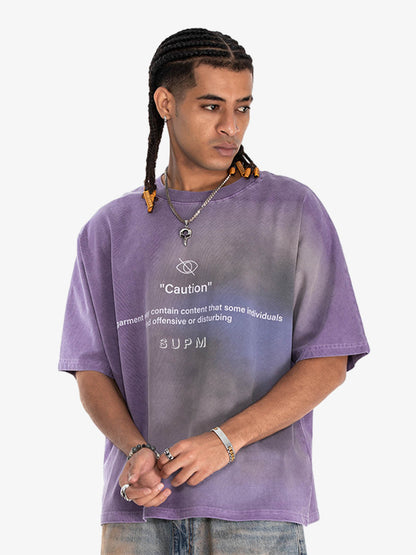 300G Cotton Jade Pattern Dyed T-Shirt with Caution Print Oversized Streetwear Tee?