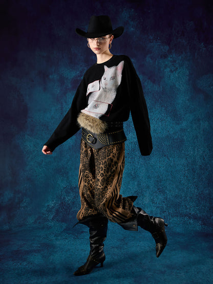 Cat Print Long-Sleeved T-Shirt