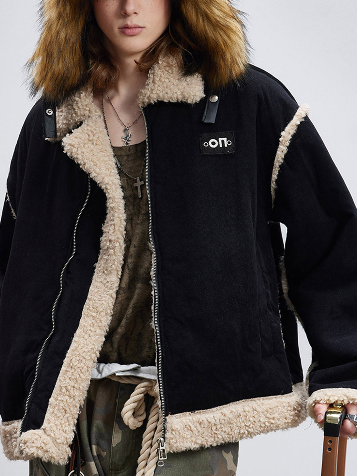 Fur Collar Zip Up Sherpa-Lined Jacket 