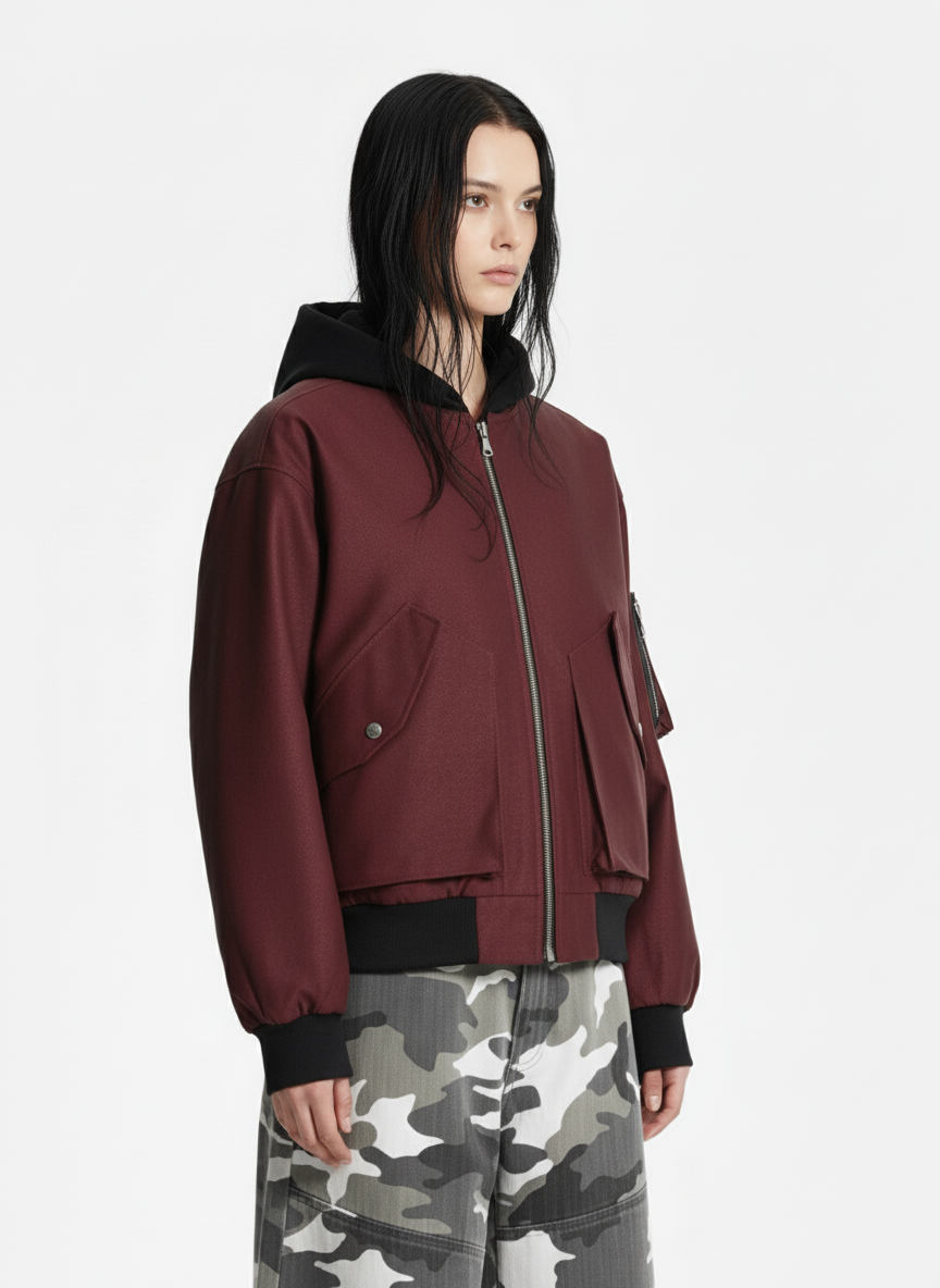 Patchwork Faux Leather Hooded Two-Piece Jacket