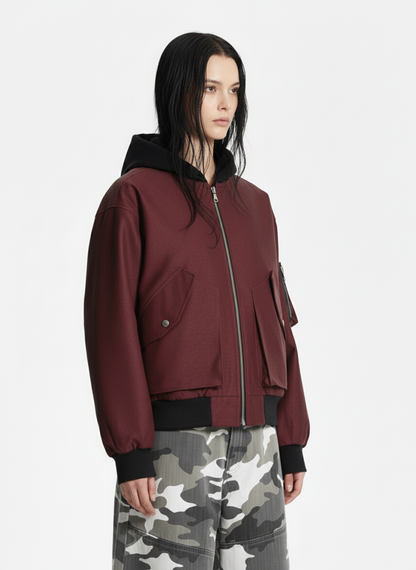Patchwork Faux Leather Hooded Two-Piece Jacket