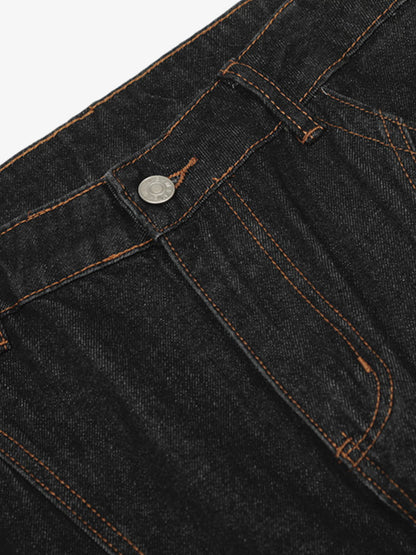 Wide-Leg Denim Trousers with Distressed Pockets and Functional Design 