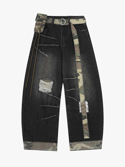 Distressed Camo-Trimmed Denim Trousers with Adjustable Waist 
