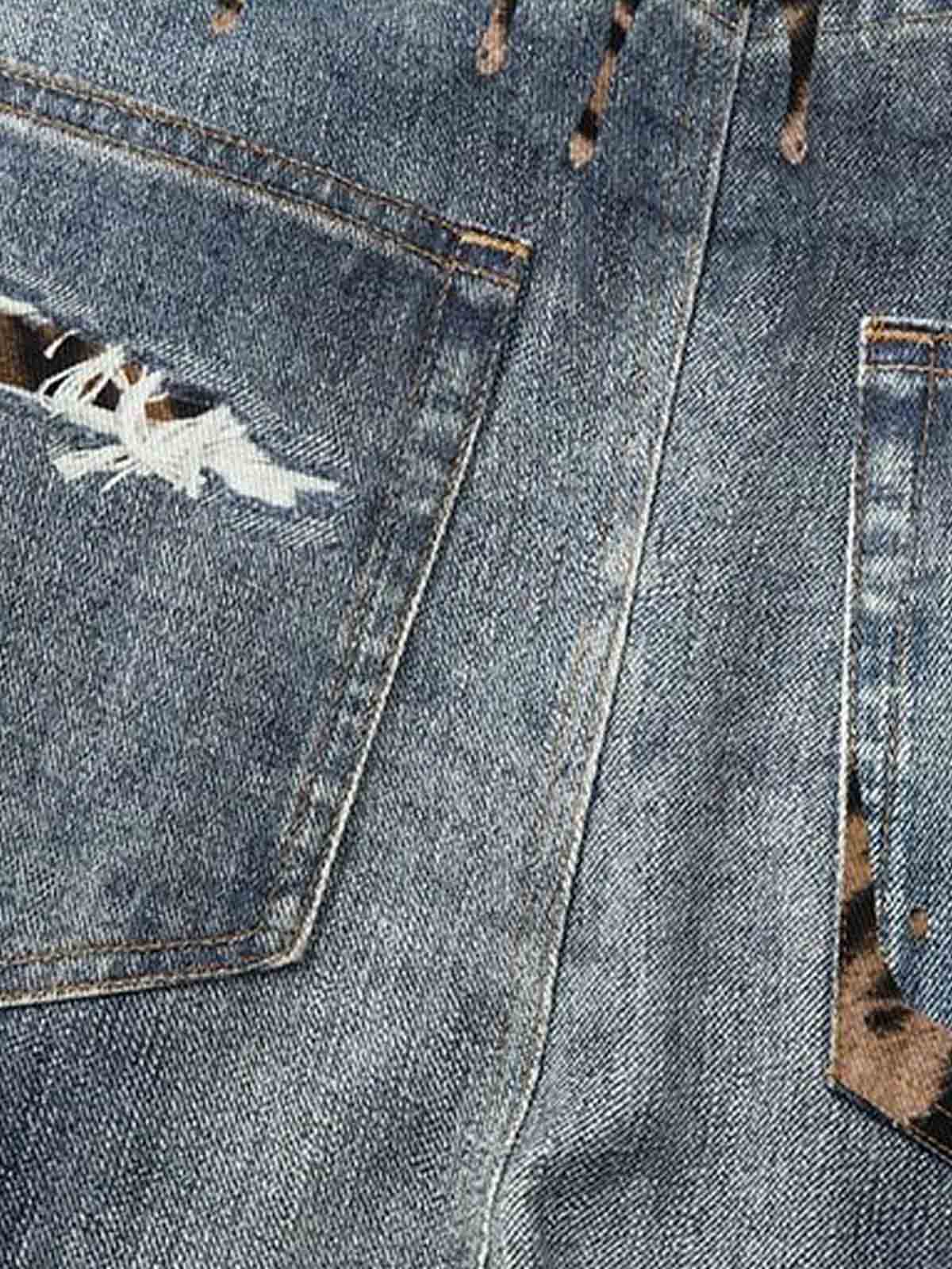Denim Wide Leg Jeans with Tiger Print Patchwork and Ripped Details?