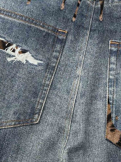 Denim Wide Leg Jeans with Tiger Print Patchwork and Ripped Details?
