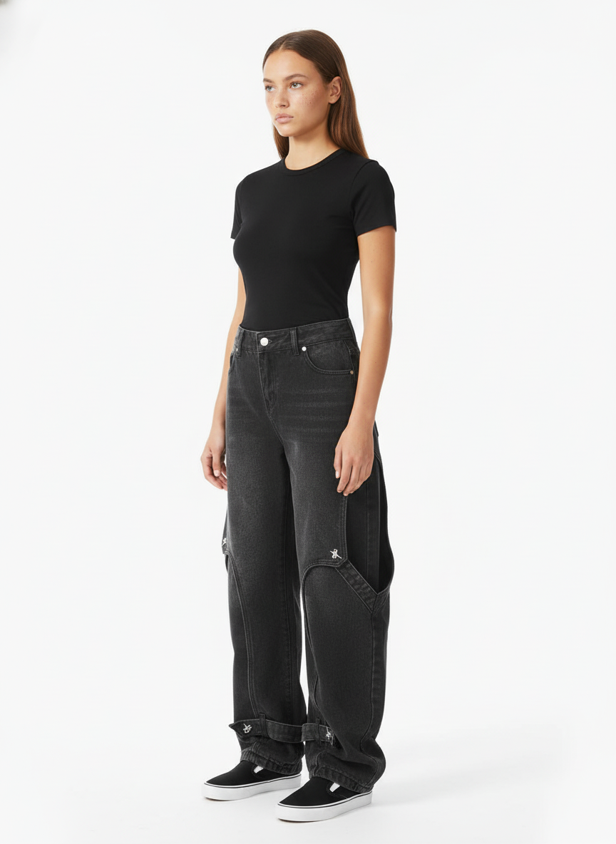 Washed Distressed Deconstructed Split Work Jeans