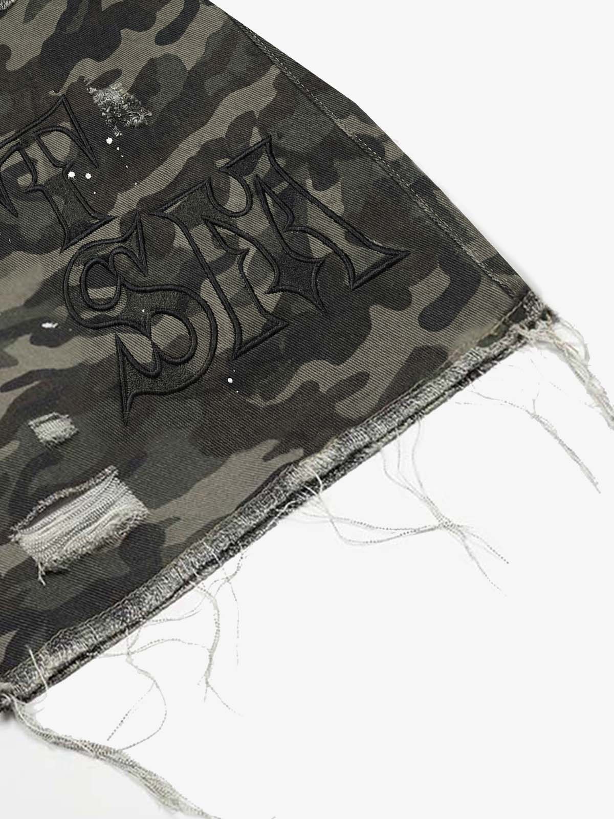 Distressed Camouflage Denim Cargo Shorts with Ripped Details and Embroidered Logo?