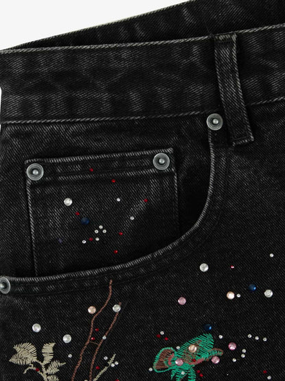 Vintage Floral Embroidery Rhinestone Straight Jeans 