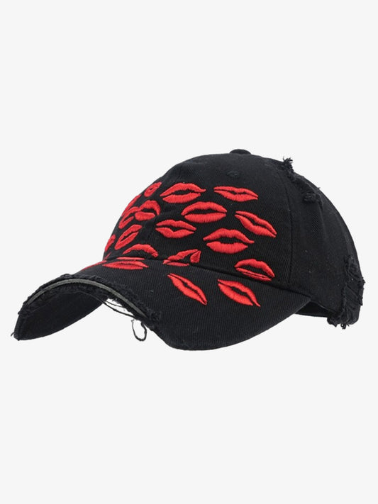 Cotton Distressed Baseball Cap with Red Lip Embroidery - Vintage Style Women's Hat?