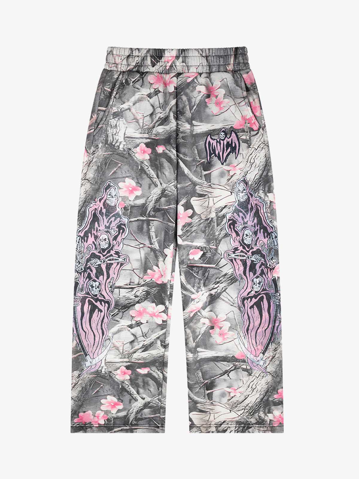 Gothic Devil Graphic Fleece-Lined Wide-Leg Sweatpants 