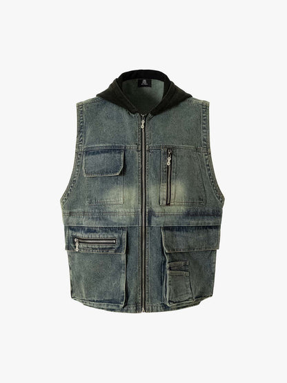 Thesupermade Functional Multi-pocket Hooded Denim Vest 