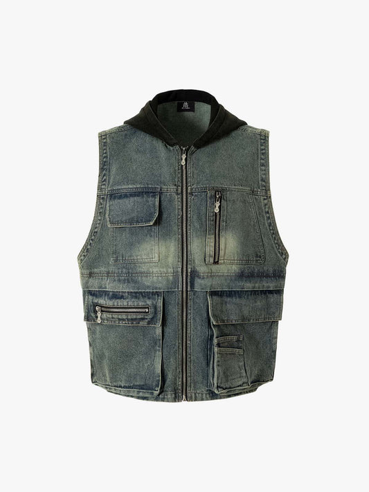 Thesupermade Functional Multi-pocket Hooded Denim Vest 