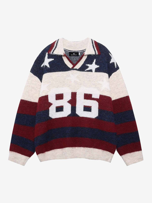 Patriotic Striped Sweater with Bold Number Design 