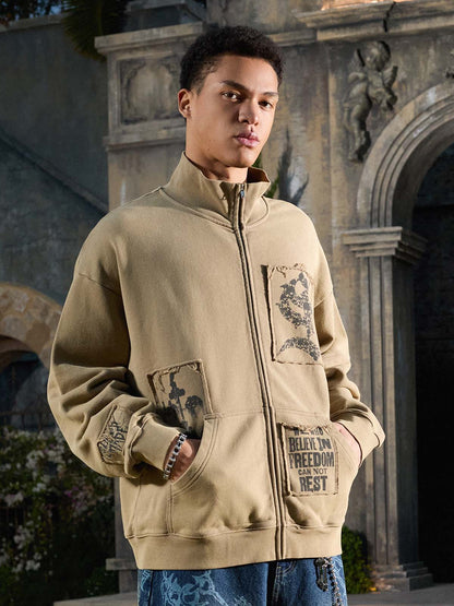 Cotton Blend Patchwork Bomber Jacket with Graphic Embroidery and Zipper Closure?