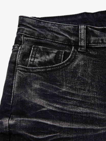 Black Denim Flared Jeans with Button Front High Waist Design?