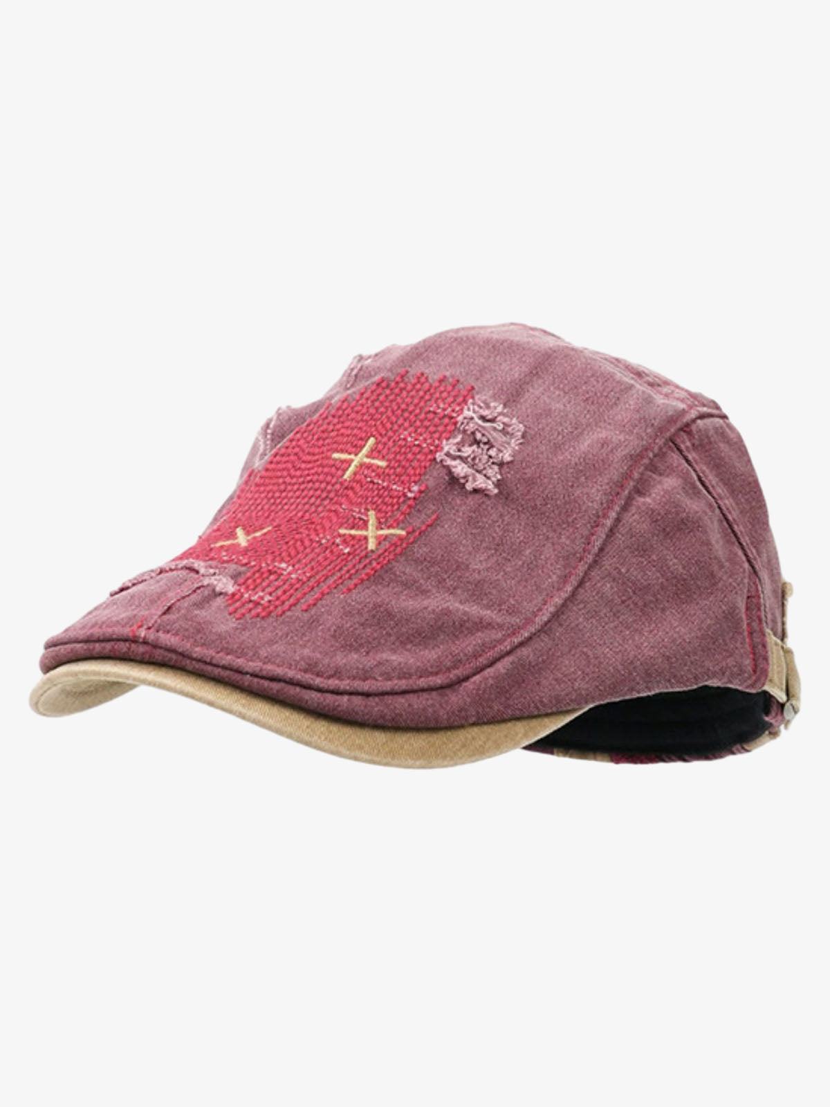 Cotton Denim Patchwork Flat Cap with Embroidered Red Panel and Distressed Details?