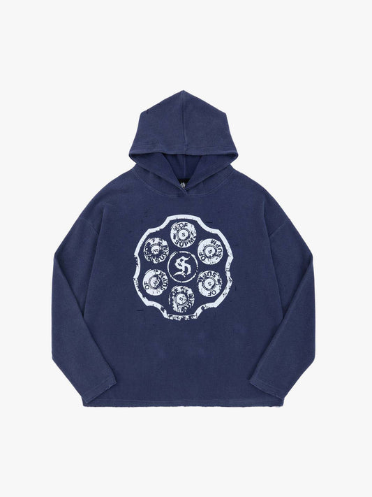 Supermade Waffle-Knit Distressed Button-Pattern Hoodie?