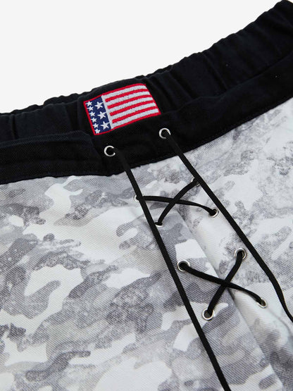 Cotton Blend Camouflage Wide Leg Pants with Drawstring Waist and Flag Patch 