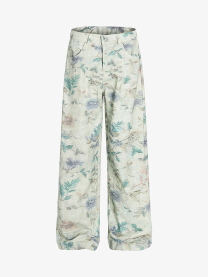 Vintage Floral Print Straight Jeans 