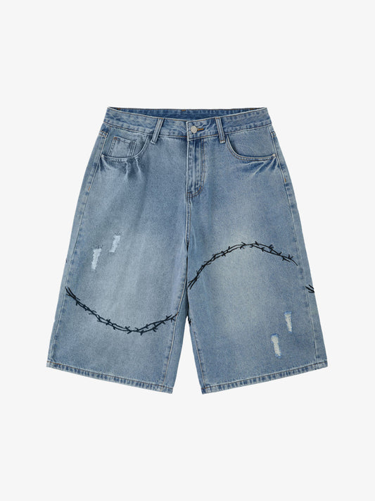 Denim Shorts with Barbed Wire Embroidery and Ripped Details for Men?