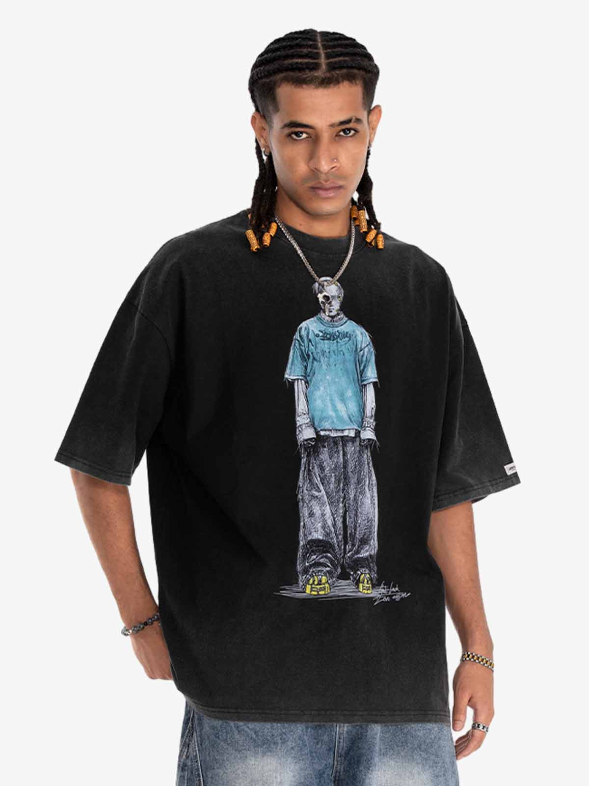 300G Jade Pattern Dyed Cotton Oversized T-Shirt with Skeleton Graphic Print Streetwear?