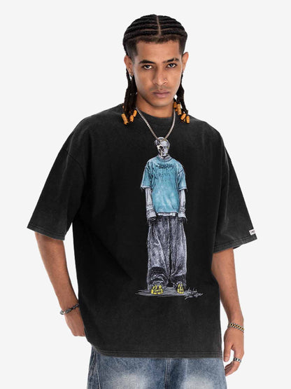 300G Jade Pattern Dyed Cotton Oversized T-Shirt with Skeleton Graphic Print Streetwear?