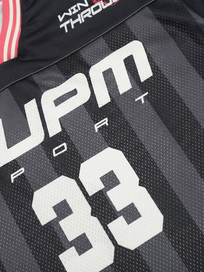 Polyester Mesh Sports Jersey with Bold Graphic Print and V-Neck Design for Streetwear Fashion 