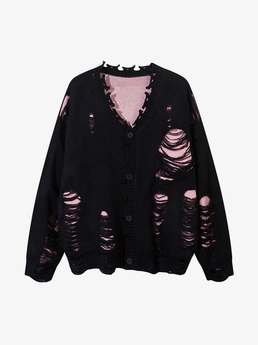 Irregular Neck Hole Hollow Knit Raw Edge Sweater 