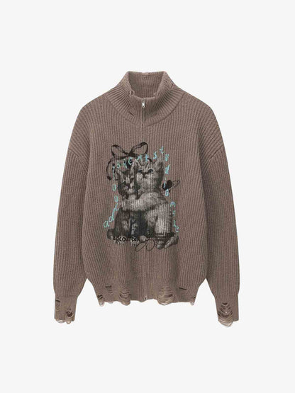 Cozy Cat Graphic Knit Sweater for Casual Wear 