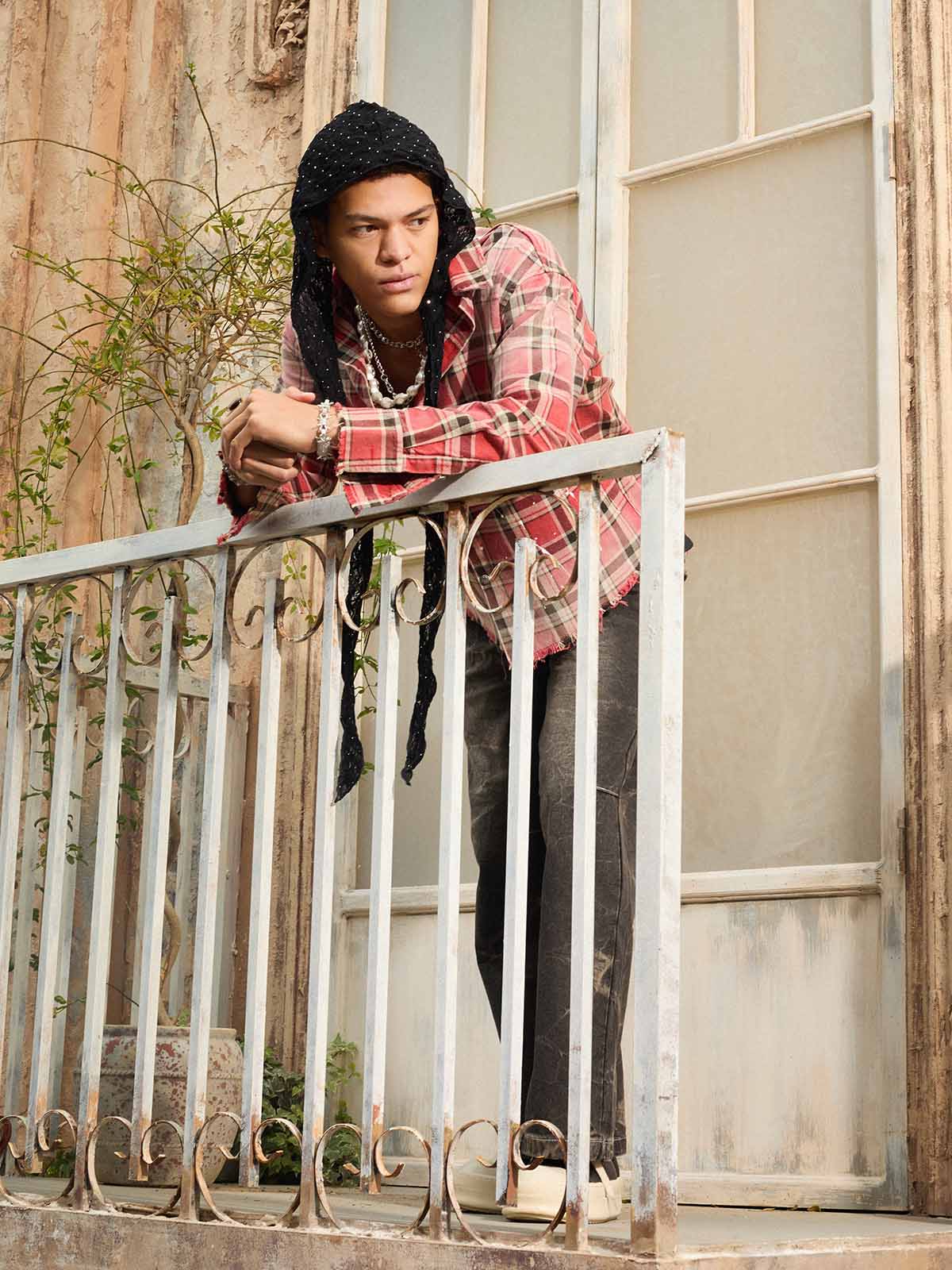 Cotton Plaid Shirt with Paint Splatter Design, Distressed Hem and Pockets, Casual Men's Long Sleeve Button-Up Jacket 